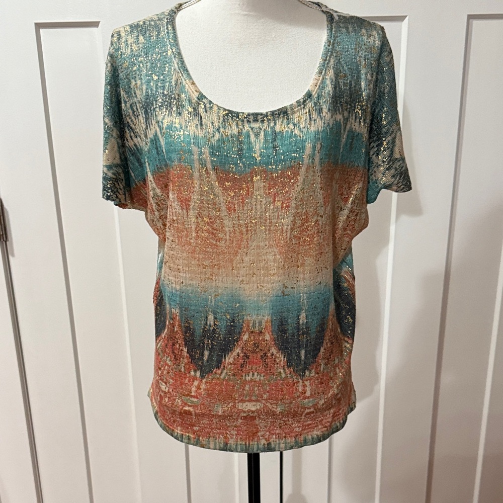 Reba Teal and Orange Short Sleeve Top